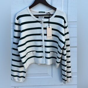 Women's Scotch & Soda  Large Pine Green White Stripe Button Sweater Cardigan XL